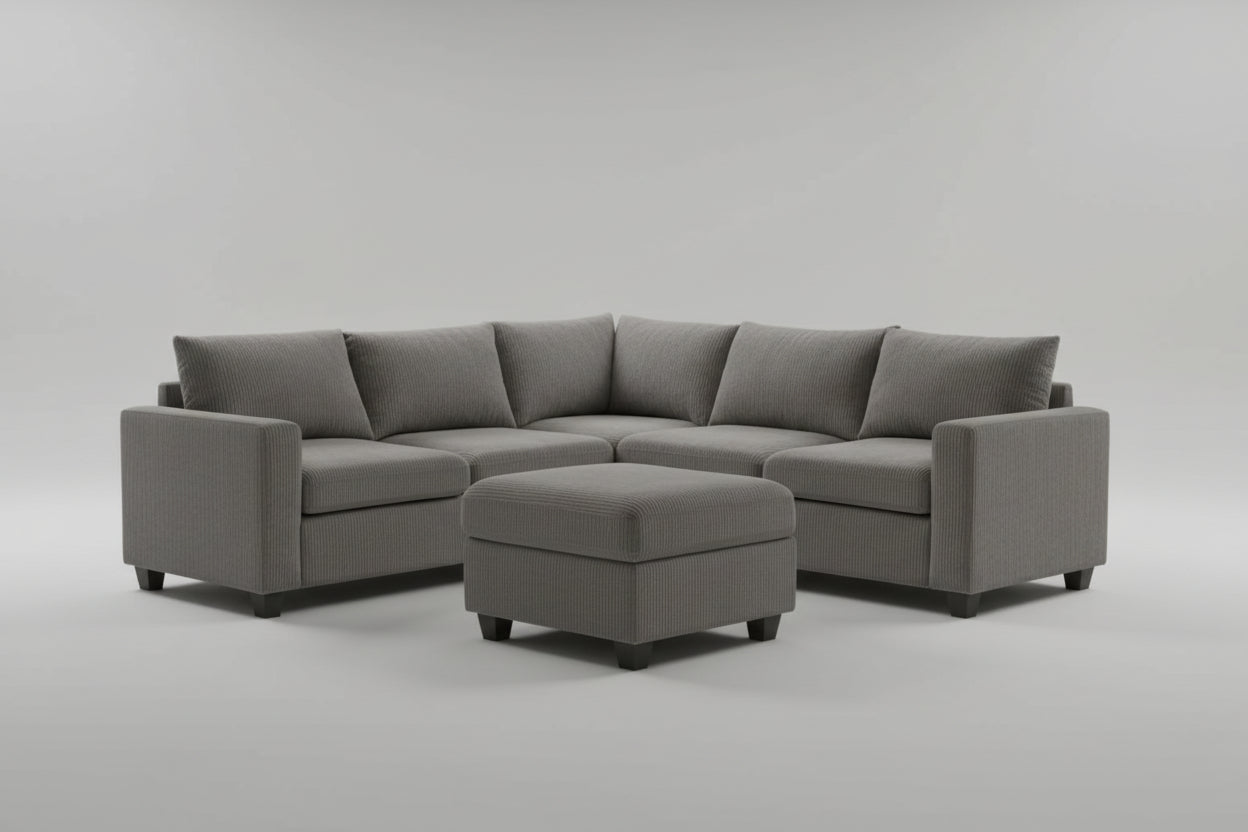 Full view of the 100-Inch Reversible Corduroy Sectional Sofa, showcasing the large size, plush texture, and the versatile ottoman.