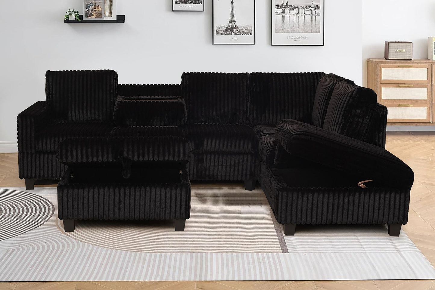 Full view of the 105-Inch Corduroy Sectional Sofa, showcasing the large size, fixed Right-Hand Chaise, and the matching storage ottoman.