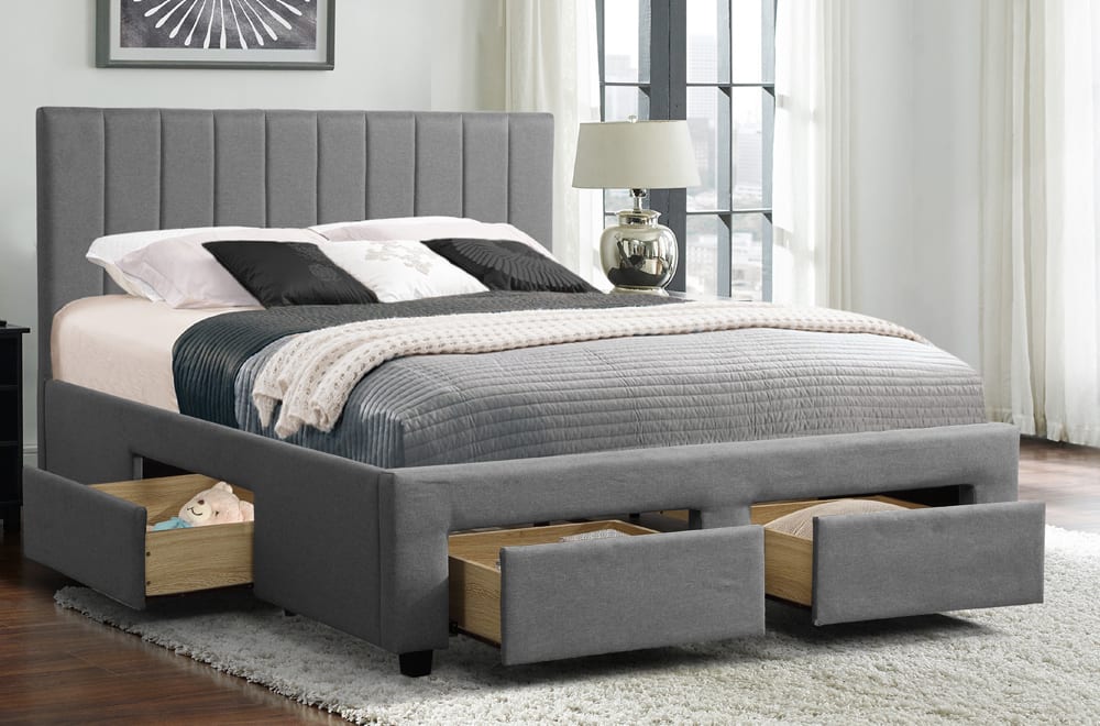 Elegant Grey Linen Platform Bed with Storage Drawers - Full, Queen, King Sizes