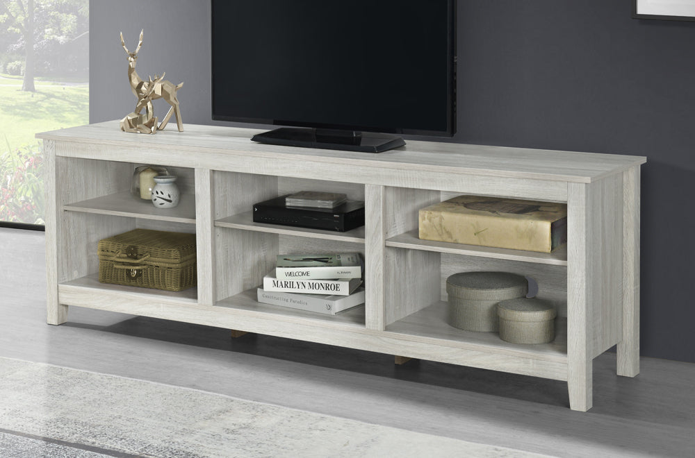 Full view of the 70-inch Beachwood White MDF TV Stand, showcasing its long profile, light wood finish, and various ample storage compartments.