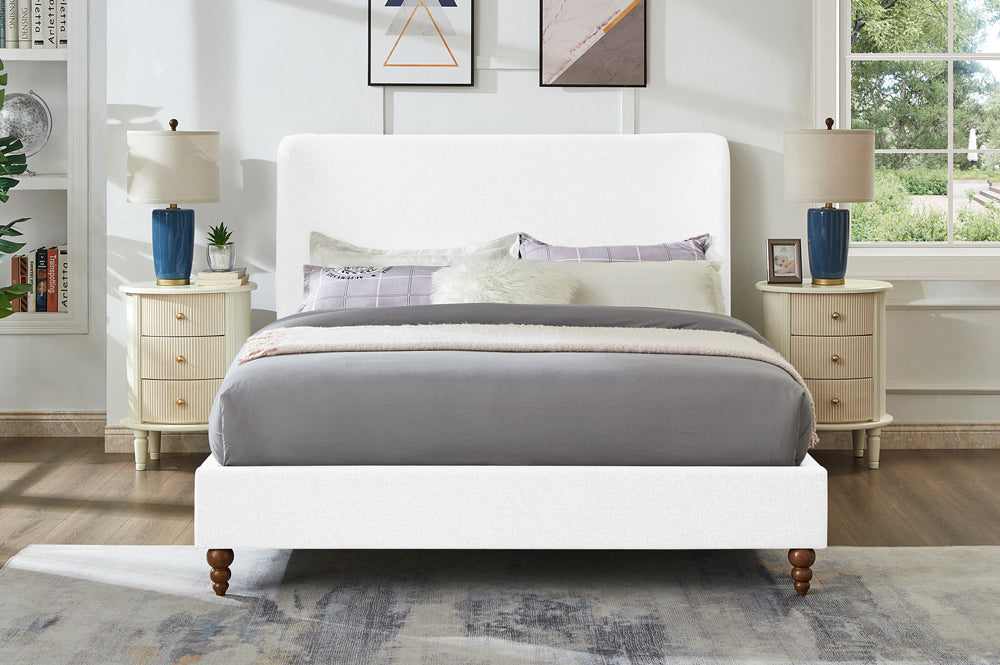 Modern White Linen Platform Bed front view – low profile, sturdy frame
