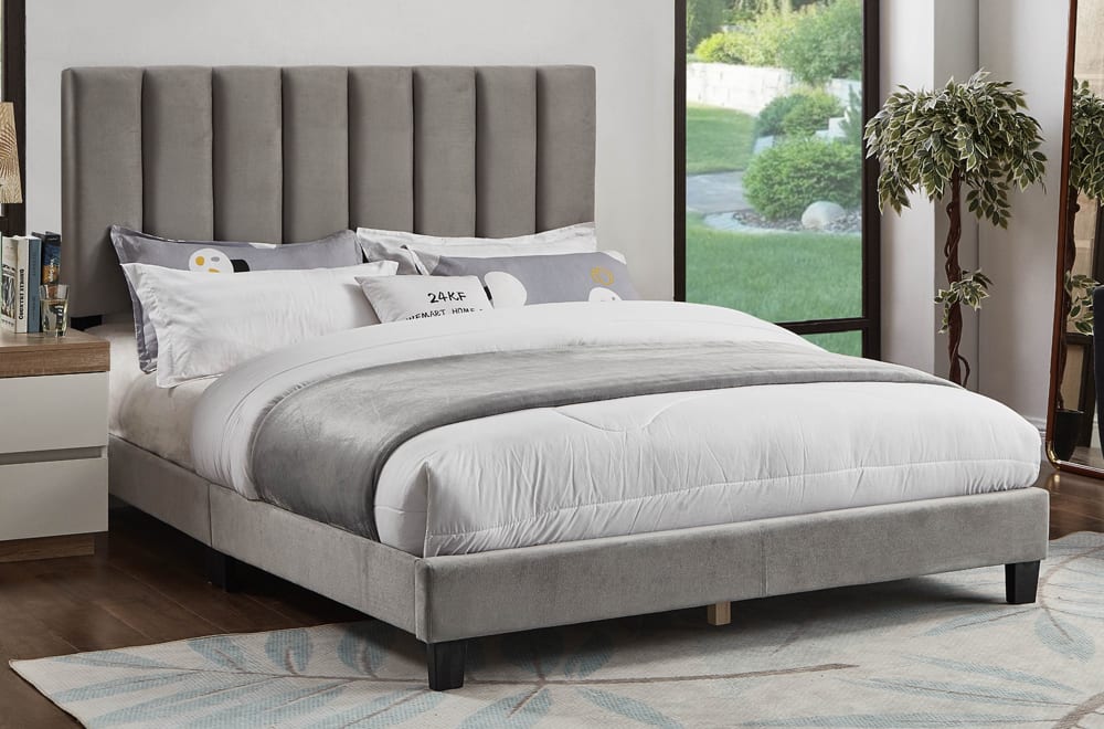 Modern velvet bed with deep vertical channel-tufted adjustable headboard and elegant design