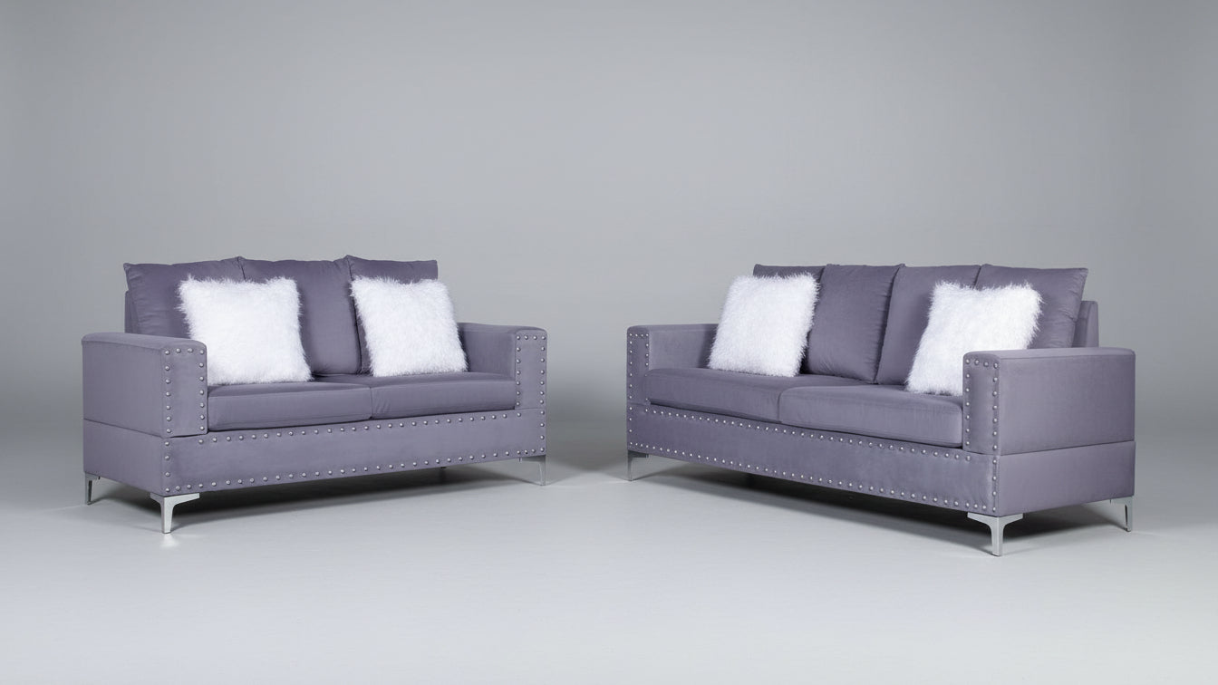 Full view of the Andy Grey Velvet Tufted 3-Piece Set, showcasing the sofa, loveseat, and chair with elegant tufting visible on the backrests.