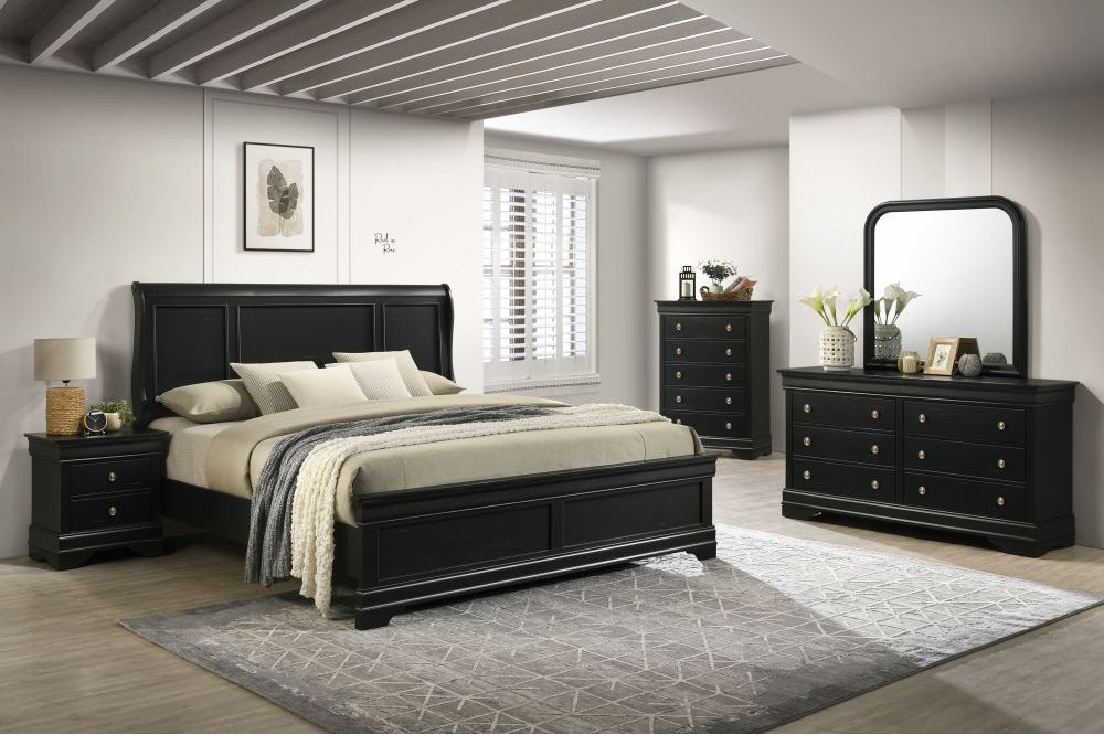 Full view of the Antique Black Storage Bedroom Set, showcasing the bed, dresser, mirror, chest, and two nightstands.