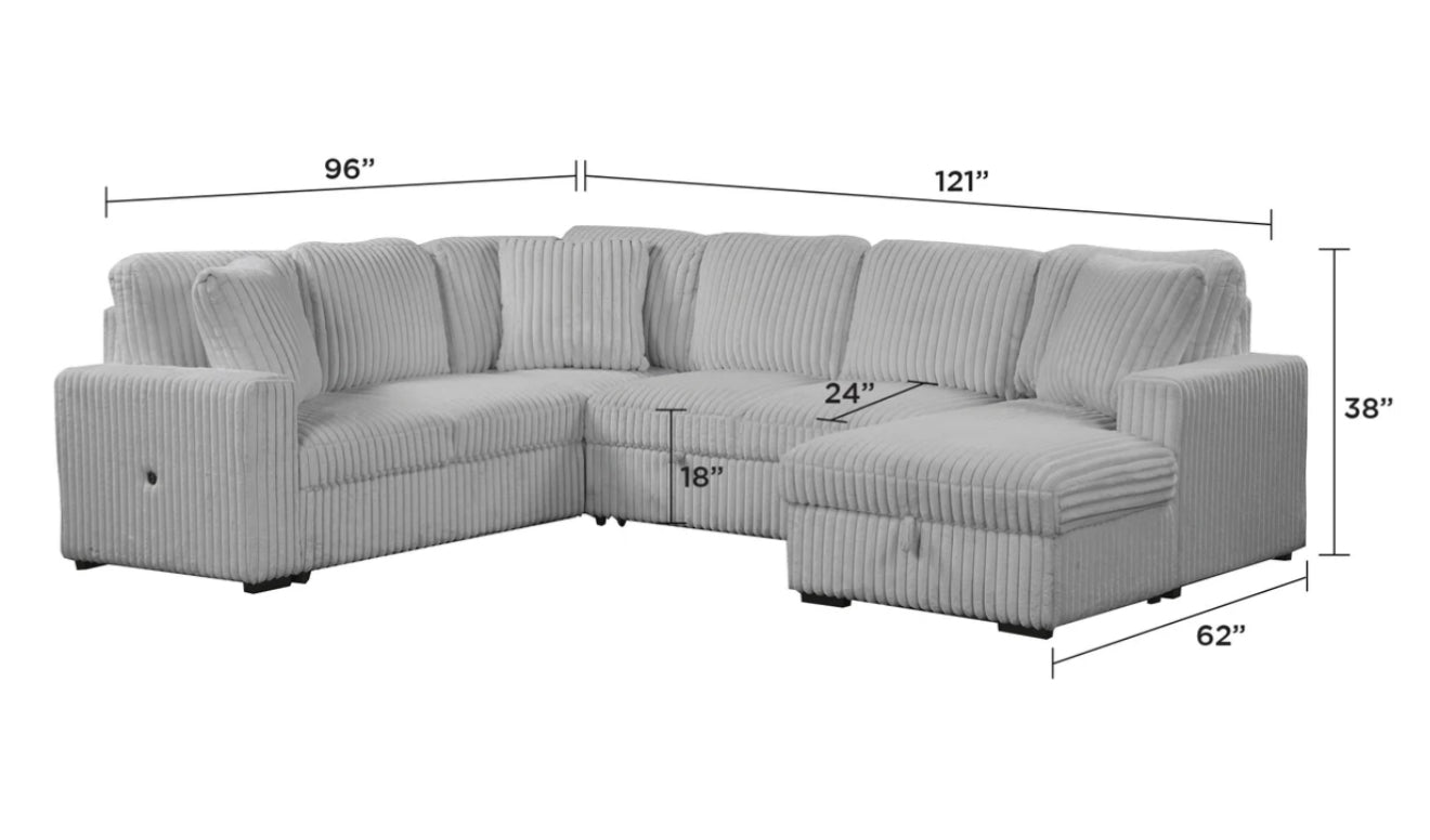 Becky Corduroy Sectional Sleeper with Storage Chaise and USB Ports