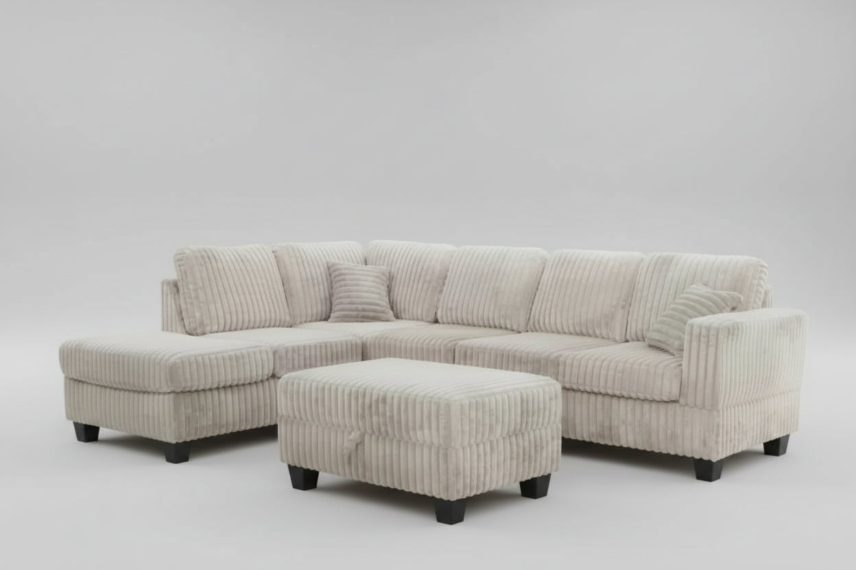 Full view of the Beige Corduroy Reversible Sectional Sofa, showcasing the ribbed fabric and the versatile matching storage ottoman placed next to the chaise.