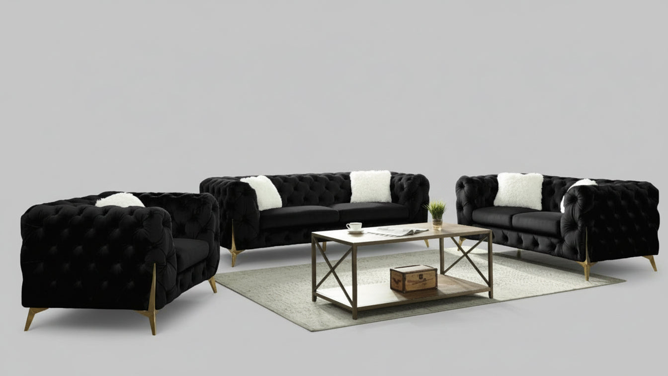 Full view of the Black Velvet Button-Tufted 3-Piece Set, showcasing the sofa, loveseat, and chair with the deep black color and tufting visible.