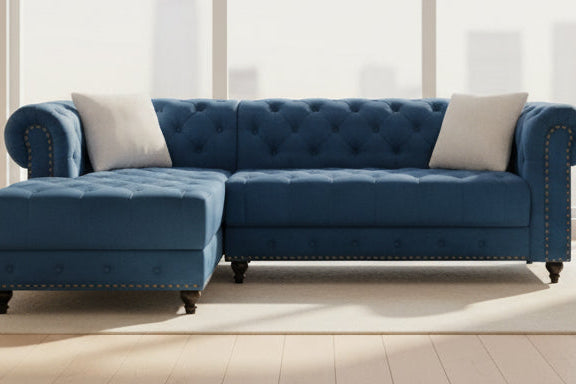 Full view of the Blue Velvet Sectional Sofa, showcasing the rich, plush fabric, L-shape design, and the elegant diamond tufting on the back cushions.