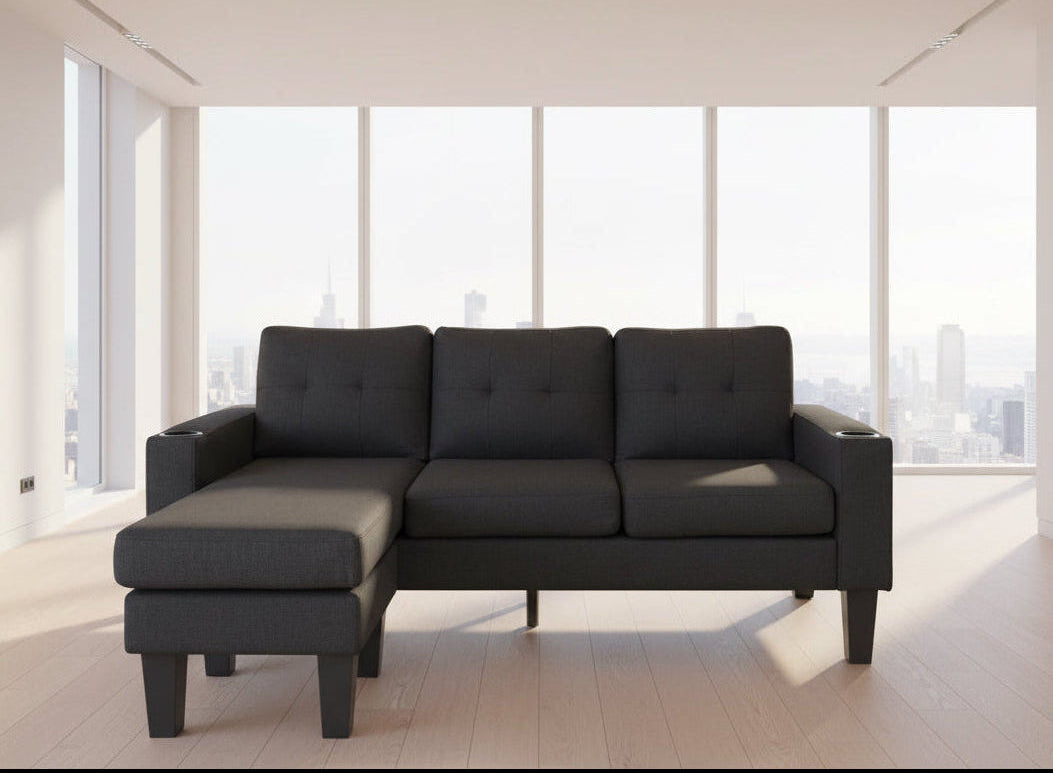 Full view of the Chottu Black Linen Fabric Sectional Sofa, showcasing the compact L-shape configuration and the rich, textured fabric.