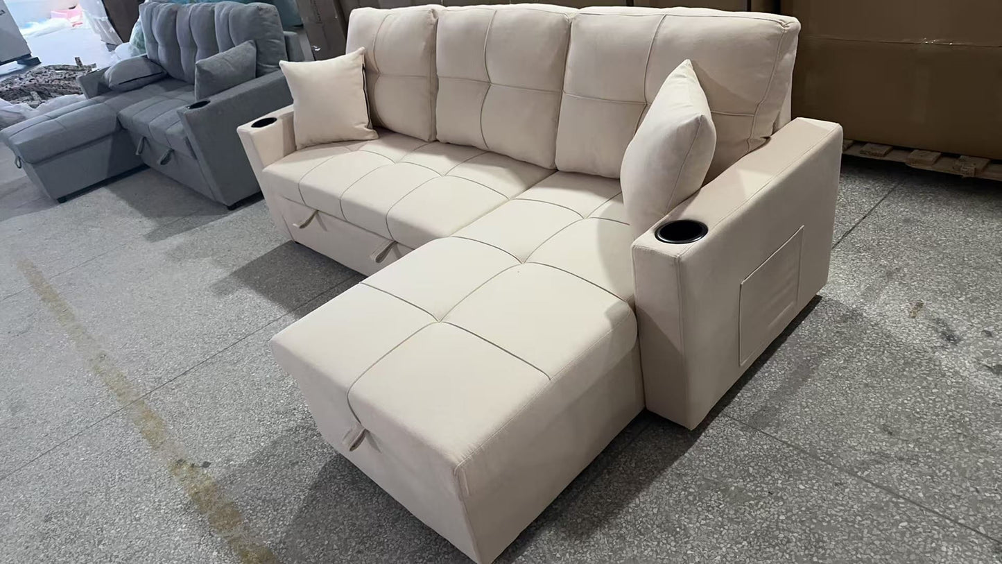 Angled view of the Courtney Beige Sectional Sofa in its standard seating configuration, highlighting the comfortable beige fabric and modern design.