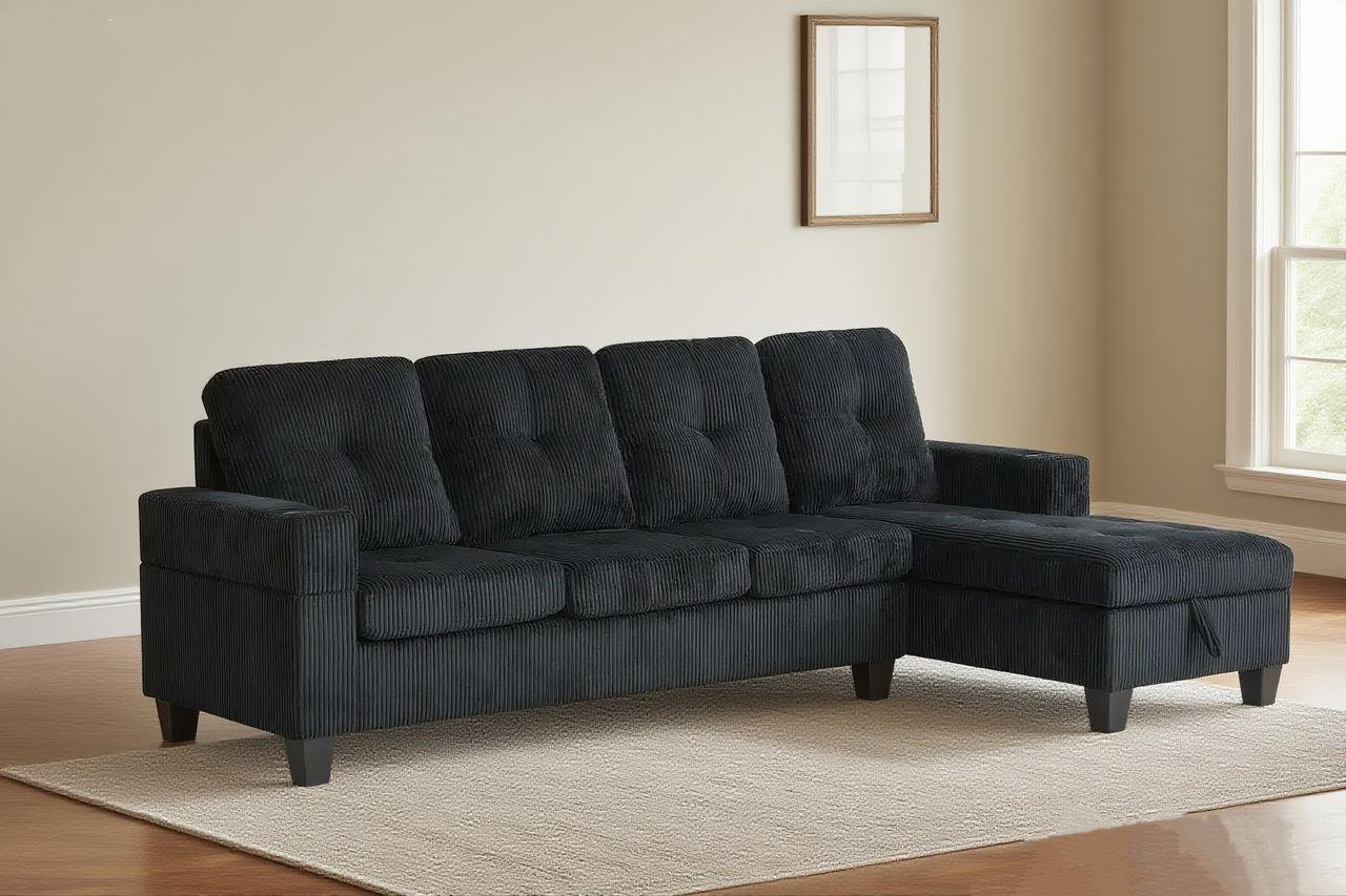 Full view of the Courtney 4-Seater Corduroy Sectional Sofa, showcasing the unique ribbed fabric and the console with integrated cup holders.