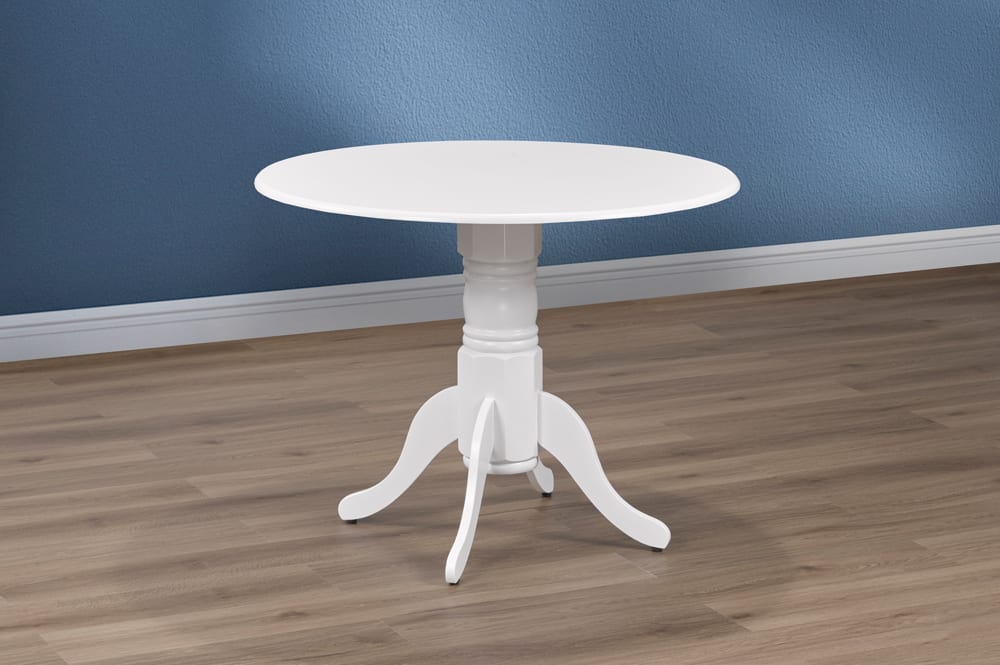 Close-up of the White Solid Wood table, highlighting the smooth painted finish and the elegant carving of the round pedestal base.