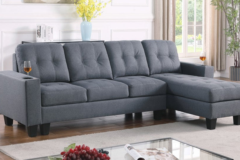 Full view of the Diamond Grey Linen Sectional Sofa, showcasing the neutral color, textured fabric, and the L-shape reversible chaise configuration.