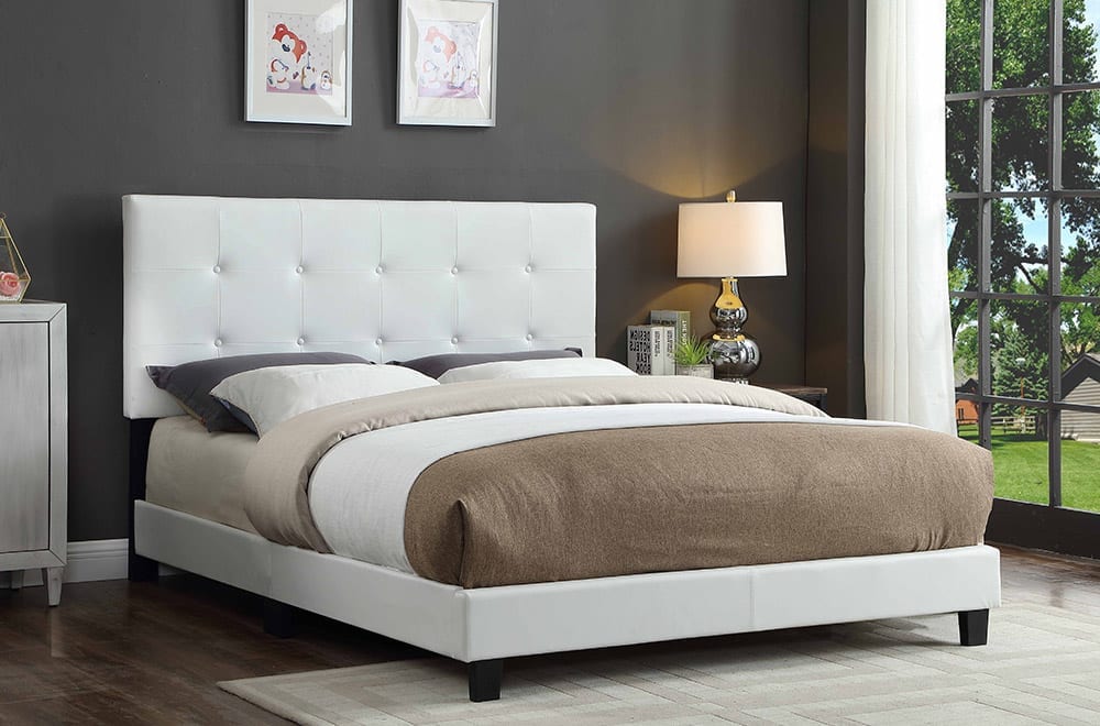 Classic upholstered bed with button-tufted adjustable headboard and supportive frame construction