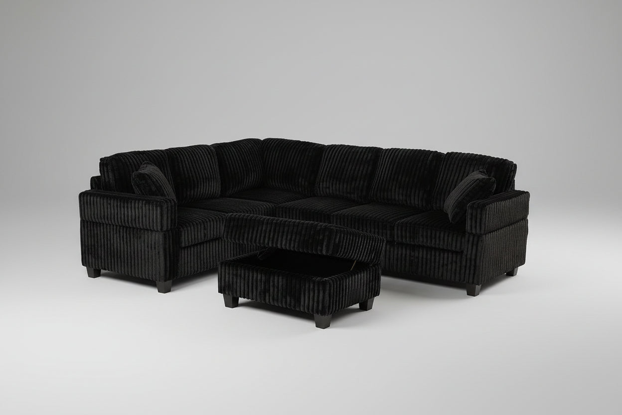 Full view of the Gillian 105-Inch Corduroy Sectional Sofa, showcasing the large size, reversible chaise, and the versatile storage ottoman.