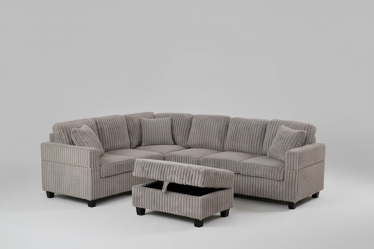 Full view of the Gillian Grey 105-Inch Corduroy Sectional Sofa, showcasing the large size, reversible chaise, and the versatile ottoman.