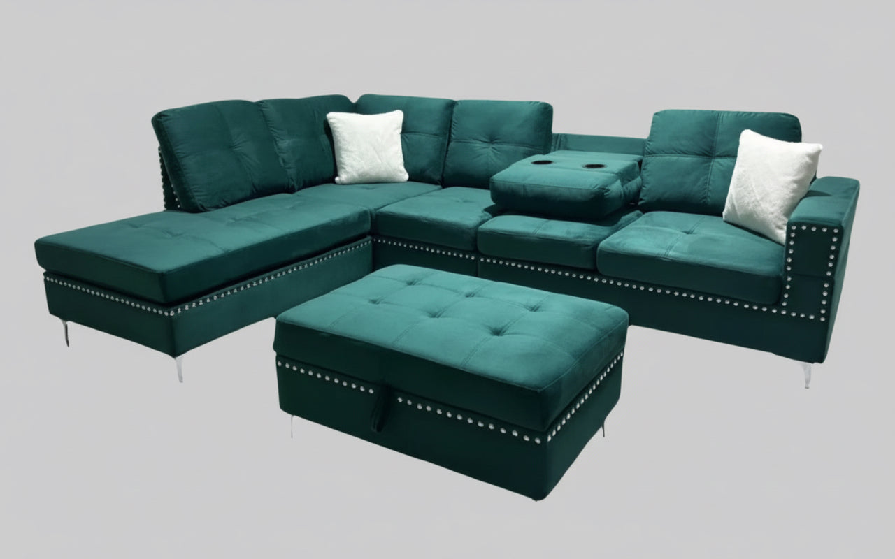 Close-up detail of the Green Velvet storage ottoman lid lifted, clearly revealing the large internal storage capacity for blankets or accessories.