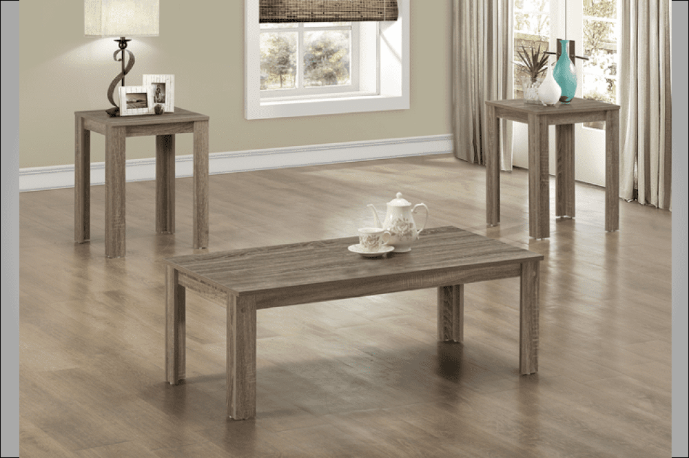 Full view of the 3-Piece Grey Driftwood Coffee Table Set, showcasing the coffee table and two end tables, all featuring the distinct grey, weathered wood finish.