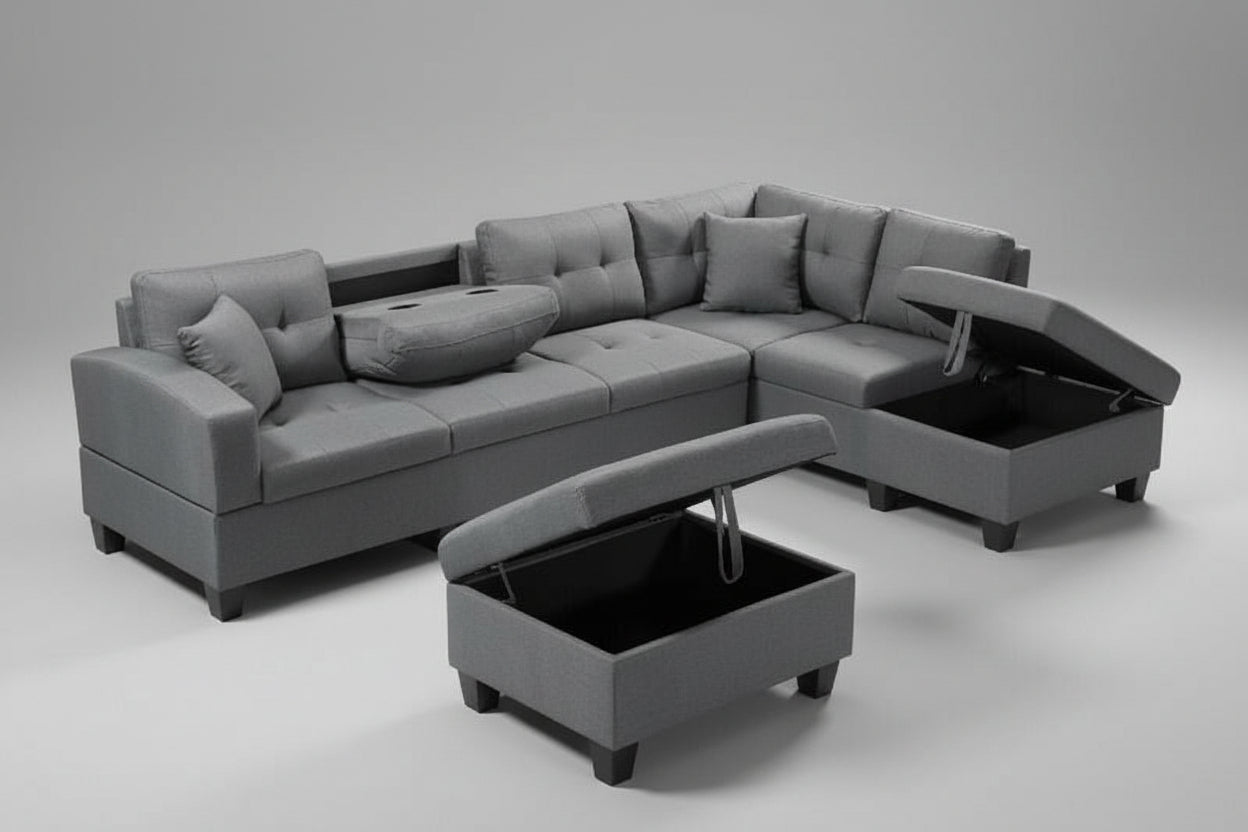 Full view of the Grey Linen Fabric Sectional Sofa, showcasing the textured fabric, the fixed Right-Hand Chaise, and the matching storage ottoman.