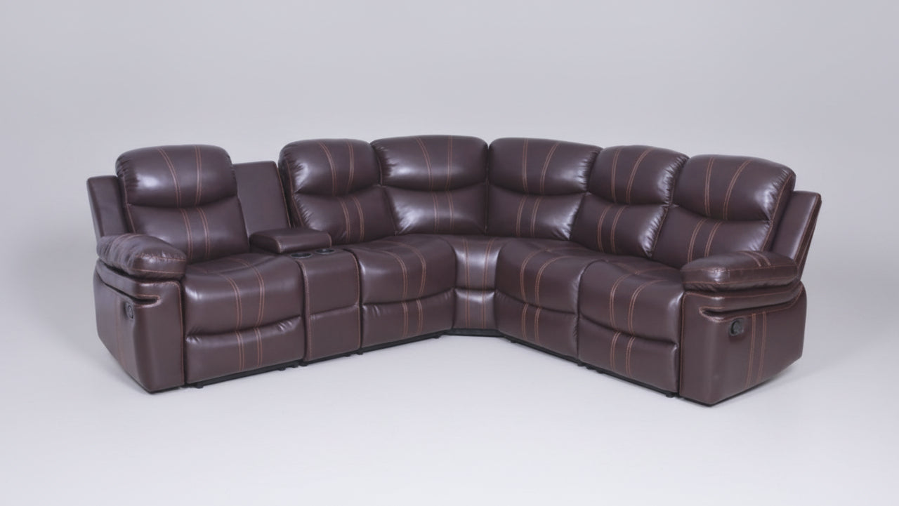 Full view of the Hamilton Brown Air Leather Recliner Sectional Sofa, showcasing its large size and multiple reclining seats with supportive headrests.