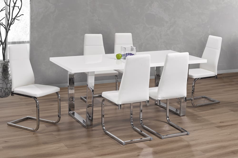 High-Gloss White Dining Set with Chrome Legs and Bonded Chairs