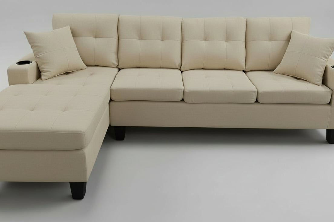 Reversible 4-Seater Linen Fabric Sectional Sofa with Chaise Cupholders