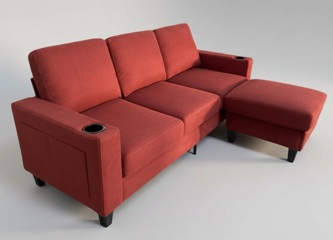 Full view of the Reversible Microfabric Sectional Sofa, showing the L-shape configuration and the center console with cup holders.