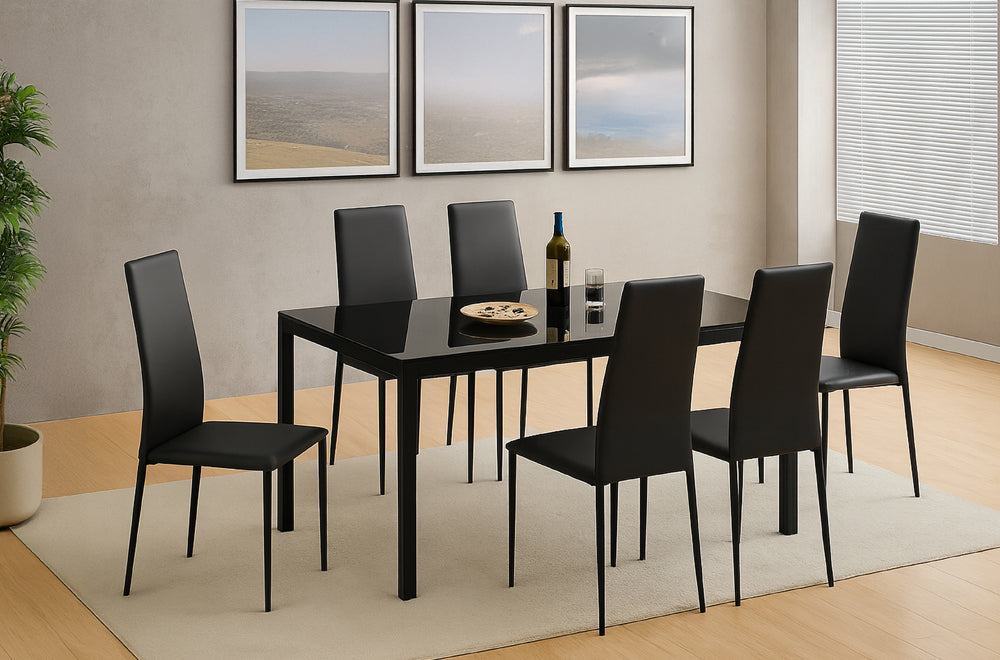 Full view of the Modern Black Metal Dining Table and six matching chairs upholstered in black Leatherette, emphasizing the minimalist design.