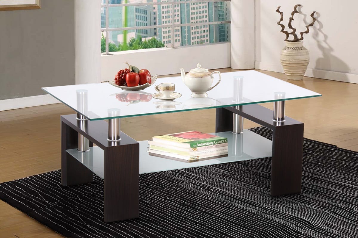 Full view of the Modern Glass Coffee Table, showcasing the clear glass top, the frosted lower shelf, and the reflective chrome support legs.