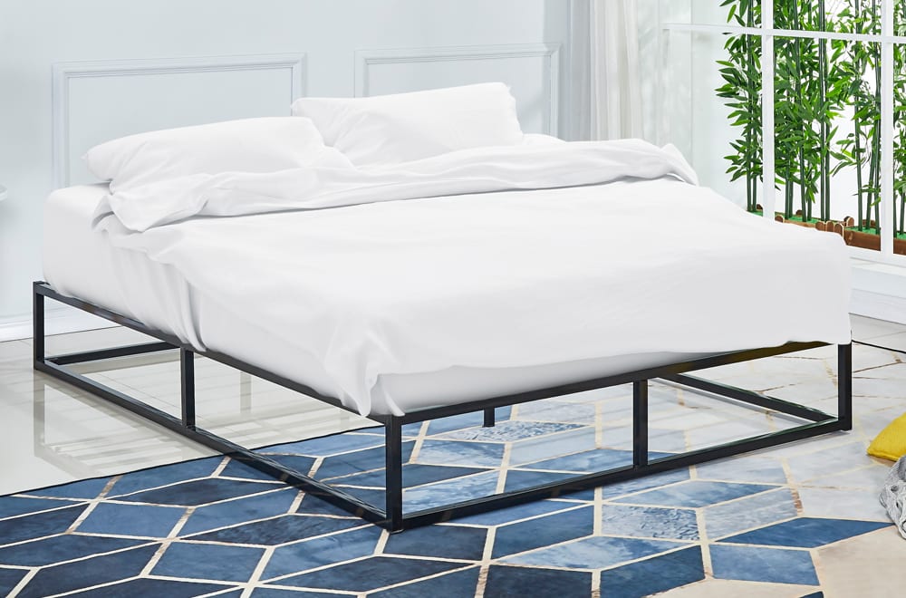 Sleek black metal platform bed with low profile design and sturdy slat support