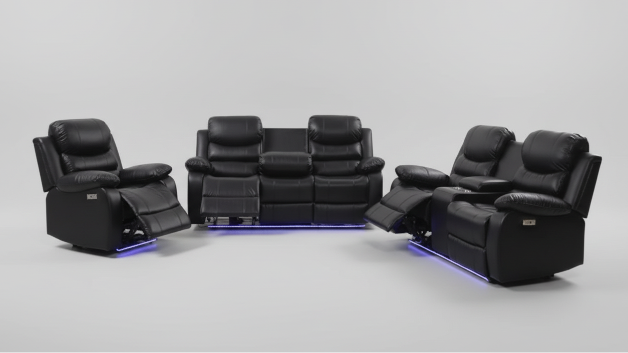 Full view of the Monoco Black Power Leather Recliner 3-Piece Set, showing the sofa, loveseat, and chair with integrated power headrests visible.