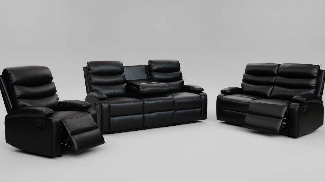 Full view of the Oliver Black Leather Manual Recliner 3-Piece Set, showing the sofa, loveseat, and chair with one piece in the fully reclined position.
