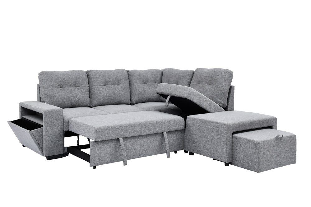 Close-up detail of the Paula Grey sectional's soft Chenille fabric, emphasizing the plush texture and deep seating.
