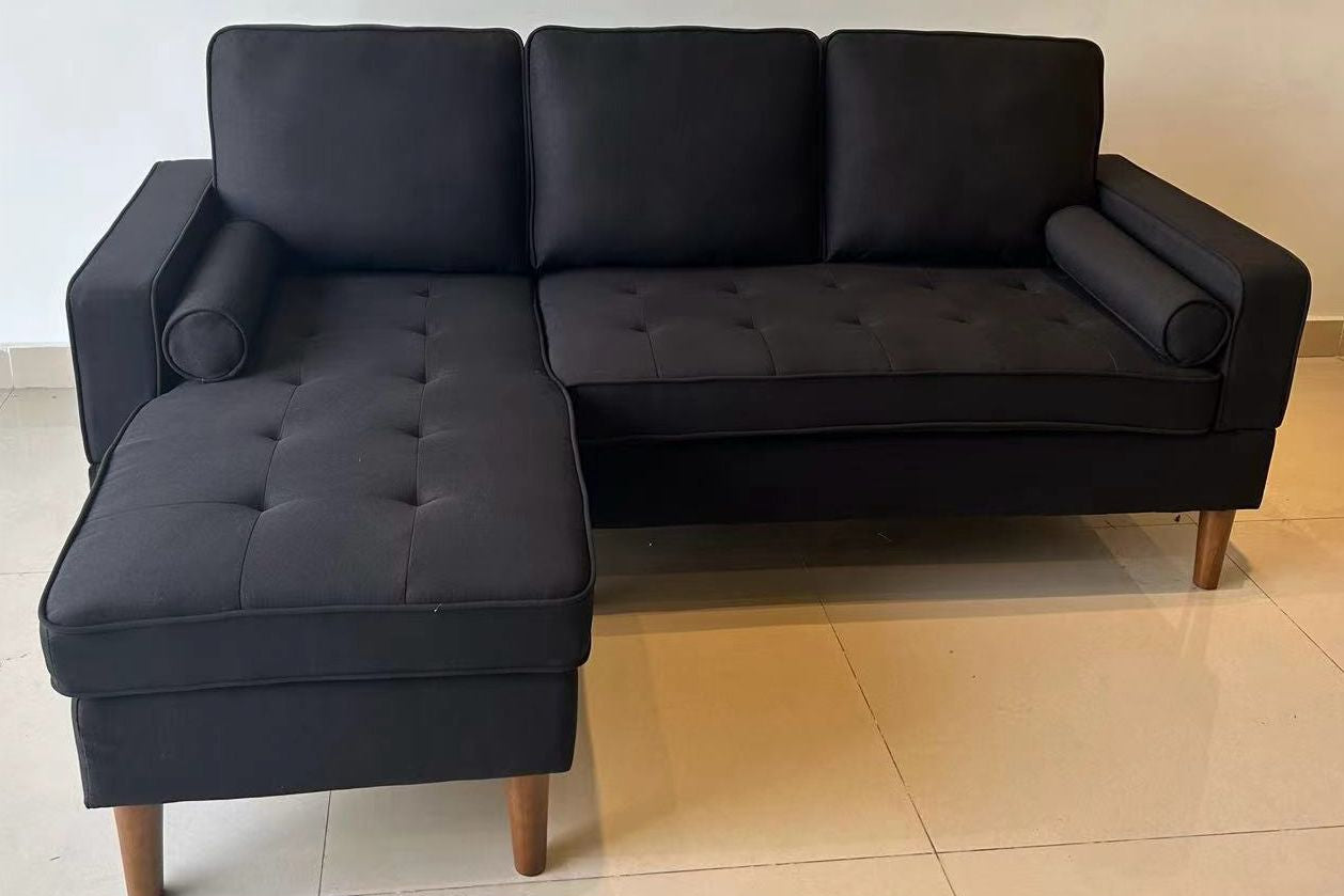 Full view of the Reversible Black Linen Fabric Sectional Sofa, showing the dark color and the L-shape configuration with the chaise on the left-hand side (LHF).