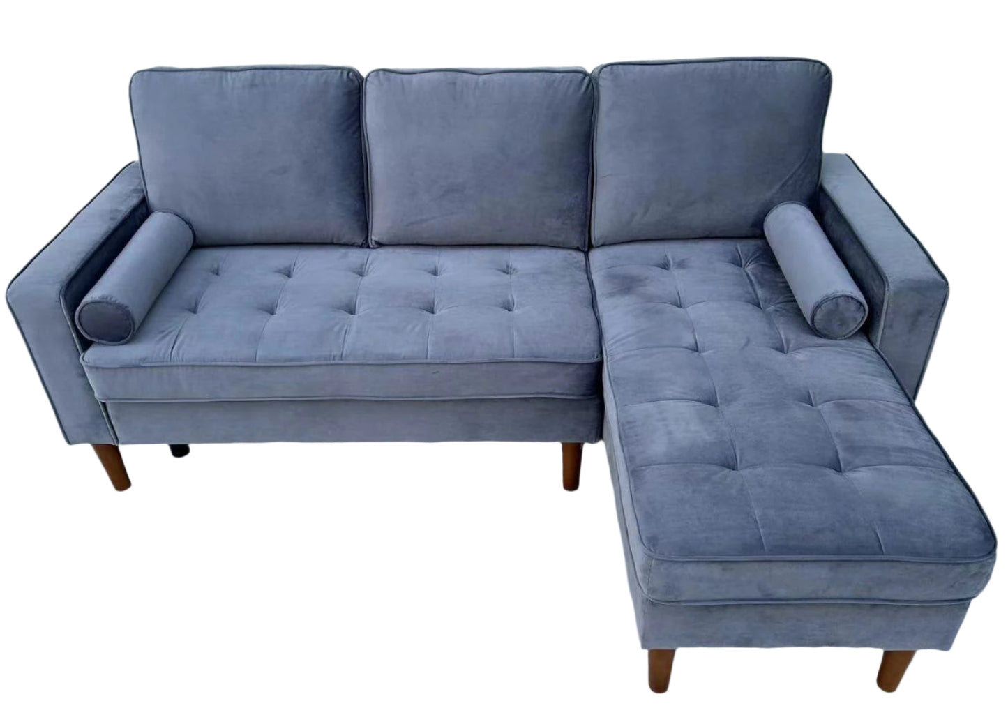 Full view of the Compact Grey Velvet Sectional Sofa, showing the luxurious texture of the velvet fabric and the L-shape configuration with a reversible chaise.