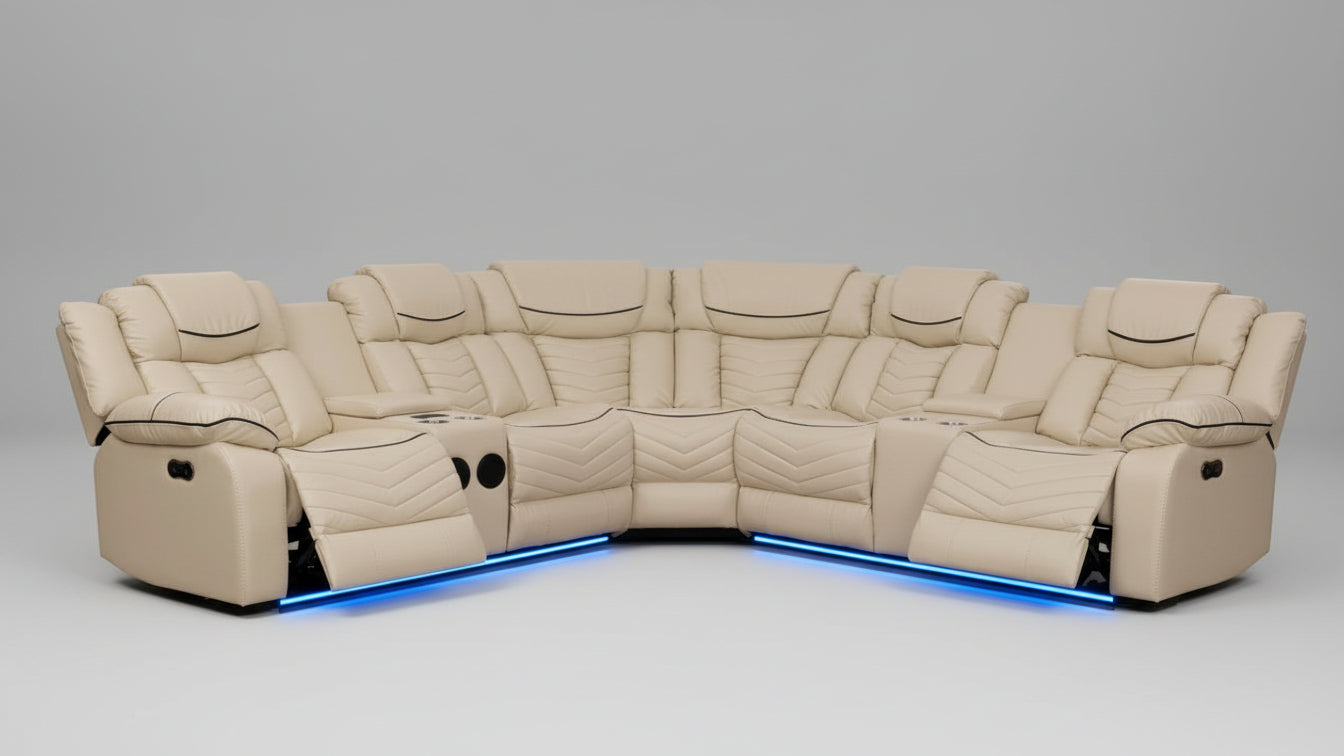 Full view of the Rick Beige Air-Leather Recliner Sectional Sofa, showcasing the large size and integrated features like LED lights and speaker placement.