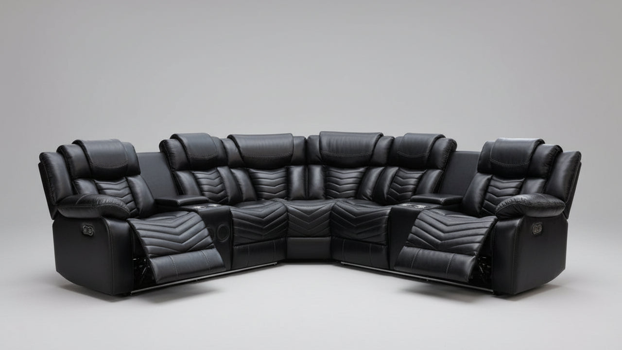 Full view of the Rick Black Air Leather Recliner Sectional Sofa in a dark room, highlighting the ambient glow of the integrated LED lights along the base or console.