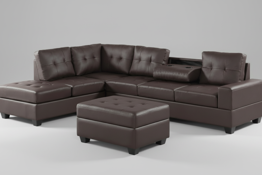 Full view of the Roma Espresso Faux Leather Reversible Sectional Sofa, showcasing the deep brown upholstery and the versatile matching ottoman.