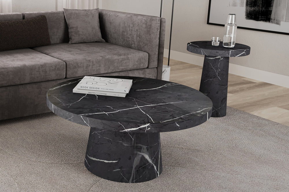 Full view of the Round Marble High Gloss Coffee and End Table Set, showing the matching round tables with a reflective high-gloss marble-look finish.