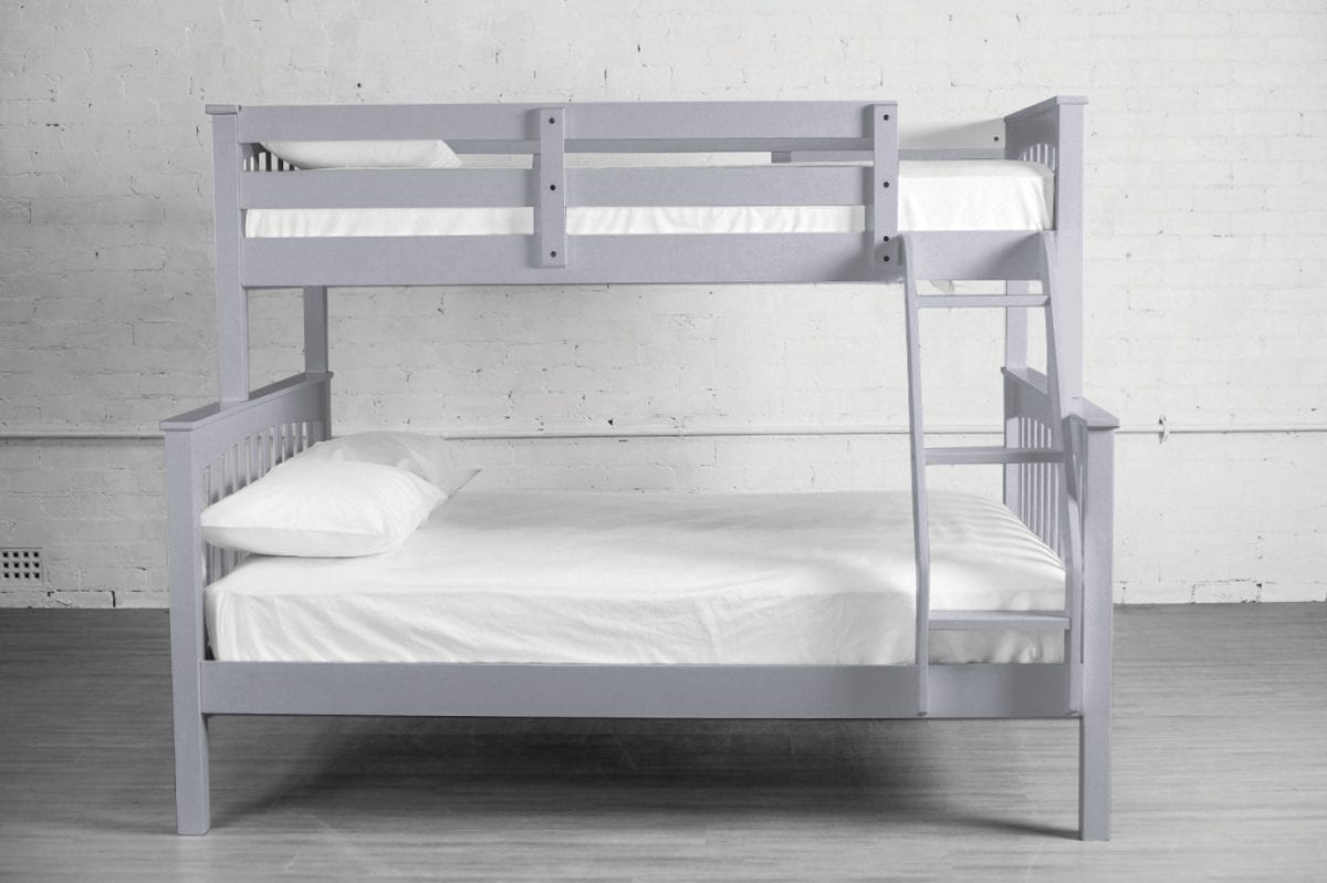 Single over double pine bunk bed in grey finish, highlighting the strong built-in ladder and clean-lined wooden construction.