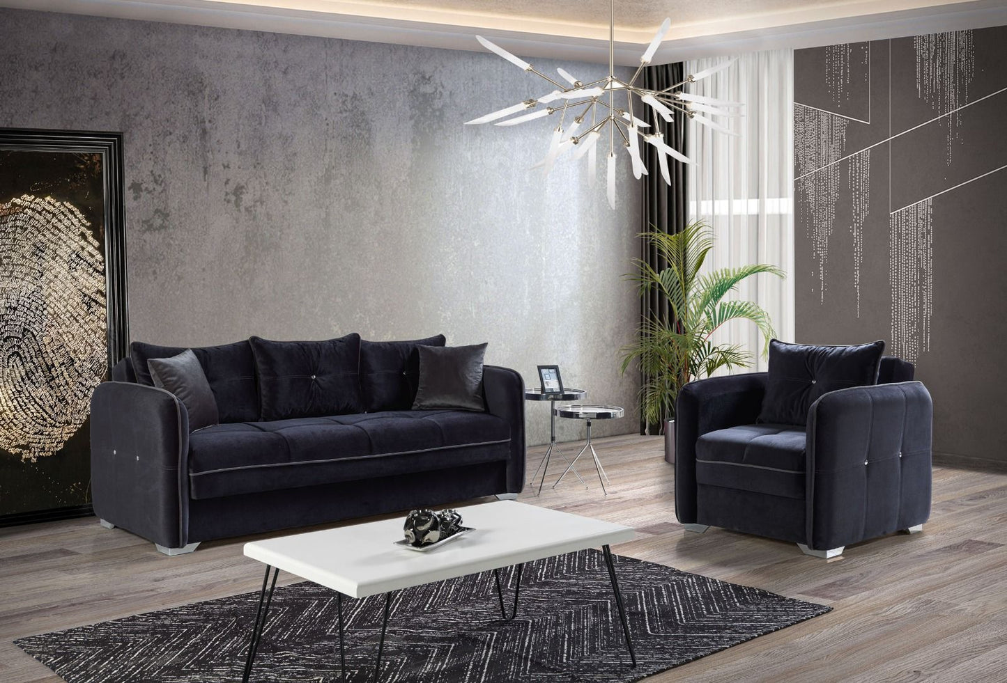 Detail shot of the plush Grey Velvet fabric on the Torino set, highlighting the soft texture and the overall design of the sofa piece.