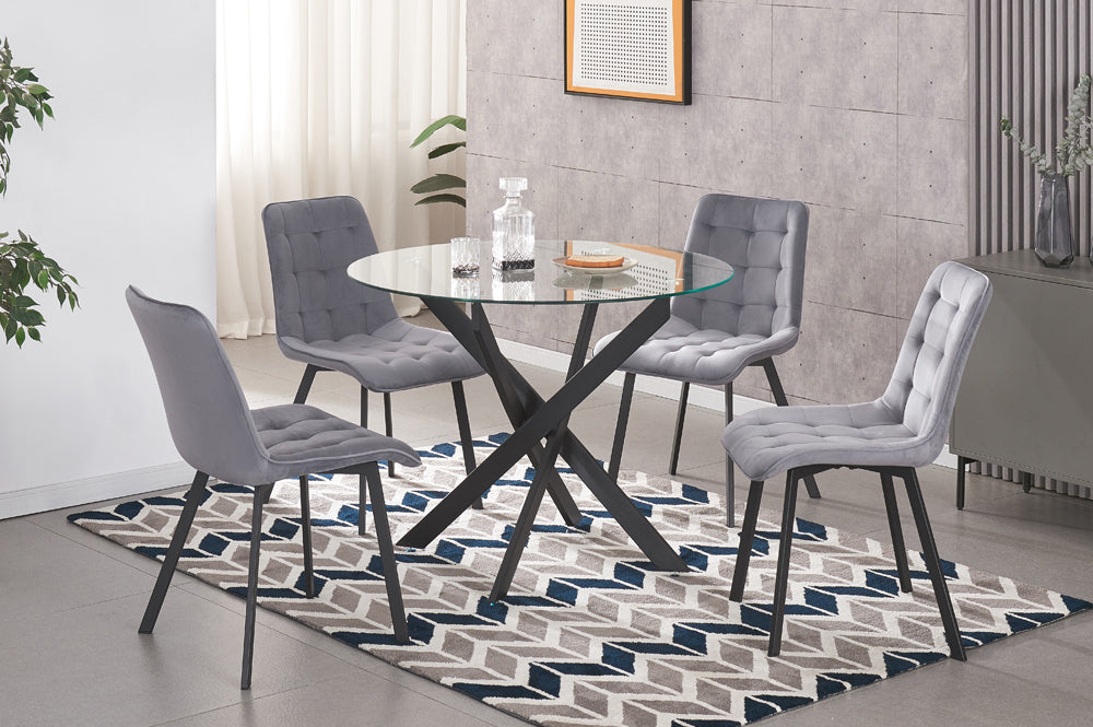 5-Piece Round Tempered Glass Dining Set with Velvet Chairs