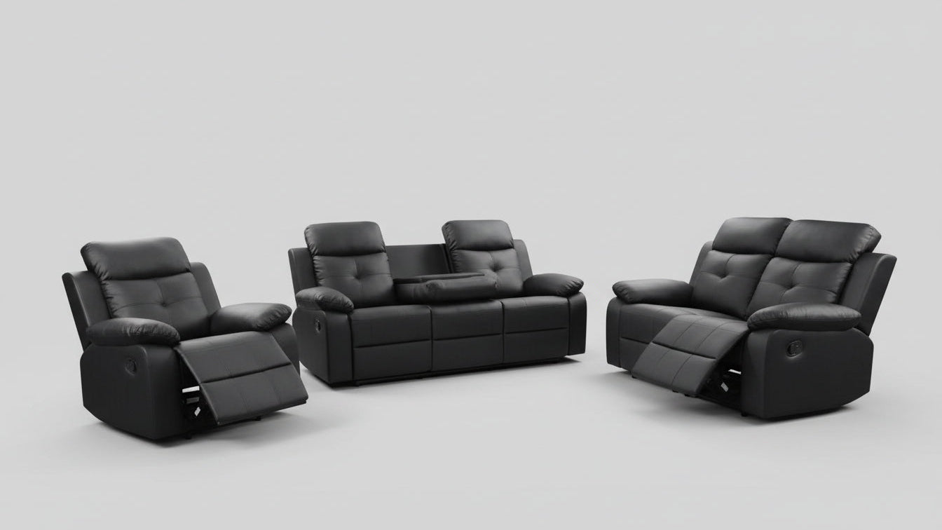 Full view of the Vincent Black Leather Manual Recliner Sofa Set, showcasing the sofa, loveseat, and chair arranged together in a living space.