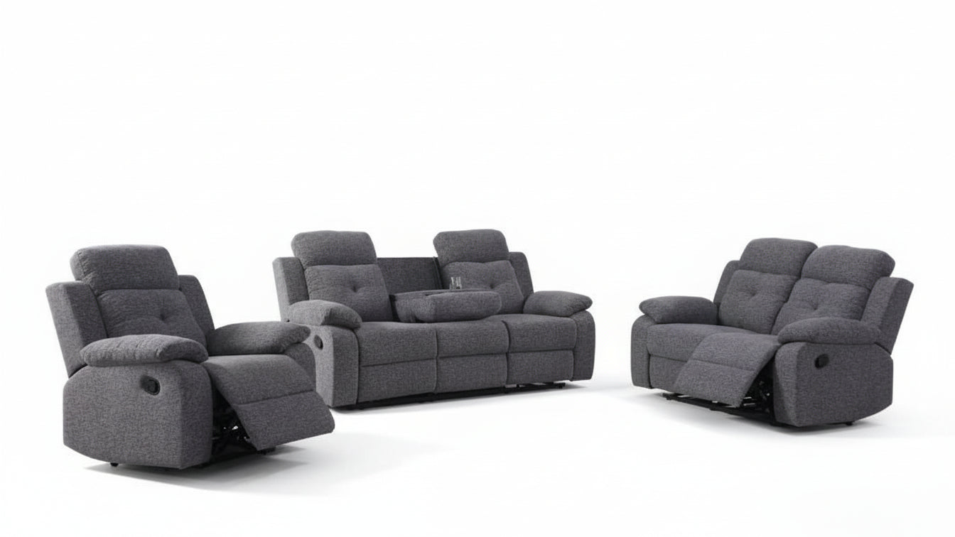 Full view of the Vincent Grey Fabric Manual Recliner 3-Piece Set, showing the sofa, chair, and loveseat with the console and cupholders visible.
