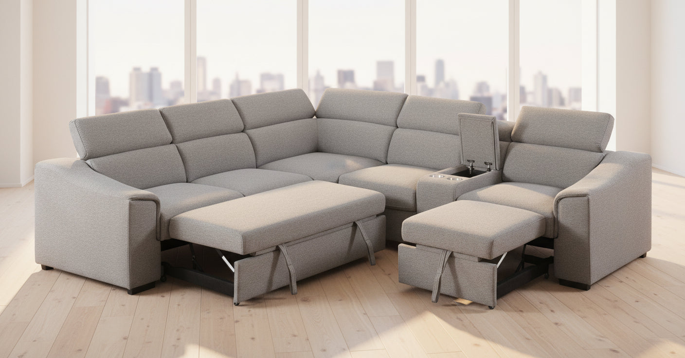 An extra-long 5 to 7 seater fabric linen sofa that converts into a large bed, emphasizing the generous seating capacity and textured linen upholstery.