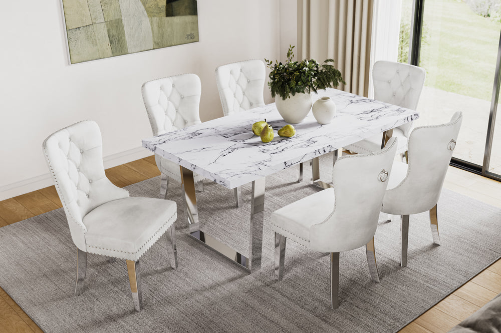 Collage of various 7-Piece Dining Sets in different styles, including a long wooden farmhouse table and 6 chairs, and a modern glass table with upholstered chairs.