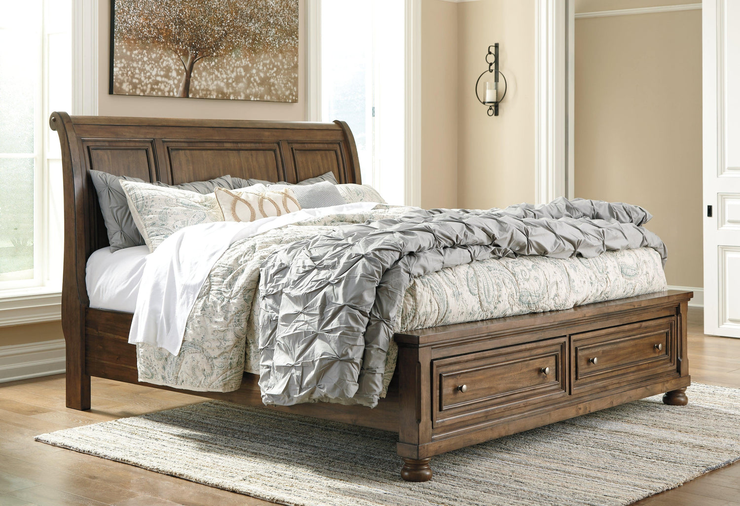 A standard brown wood bed frame, showcasing the material's rich color and the detailed craftsmanship of the headboard and footboard.