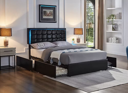 Black 4-Drawer Bed Frame with LED Headboard – Modern Storage Platform Bed