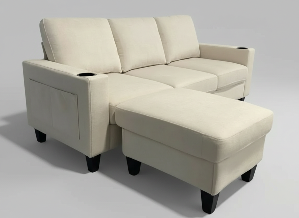 A small 3-seater sectional sofa with a reversible chaise lounge, positioned in a modern apartment or small living room to highlight its compact footprint.