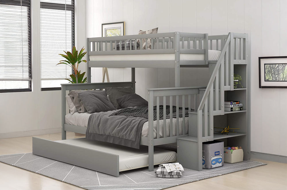 A sturdy bunk bed featuring a pull-out trundle drawer beneath the bottom bunk for an extra sleeping space, ideal for children's rooms or sleepovers.